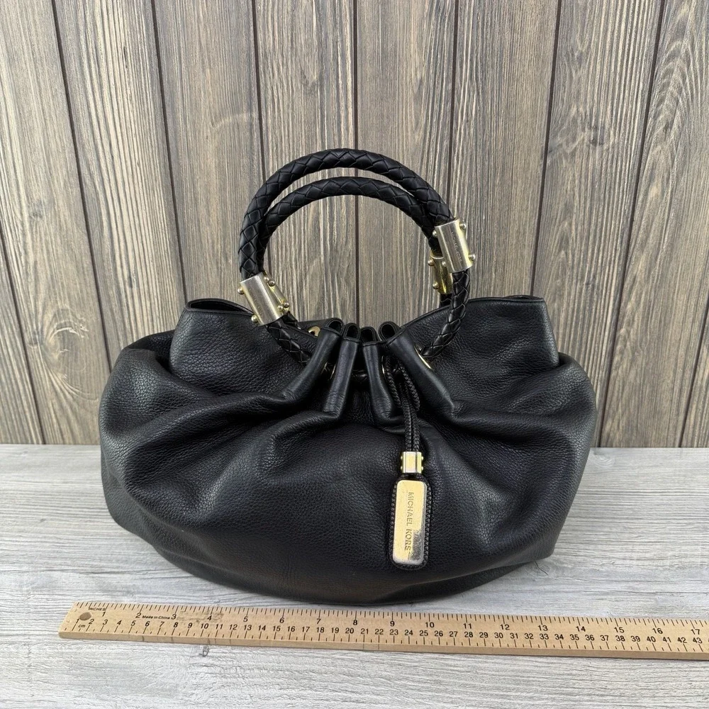 Michael Kors Black Leather Drawstring Satchel Bag Braided Handles Large RARE